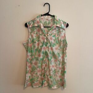 Floral vintage button up tank top with collar